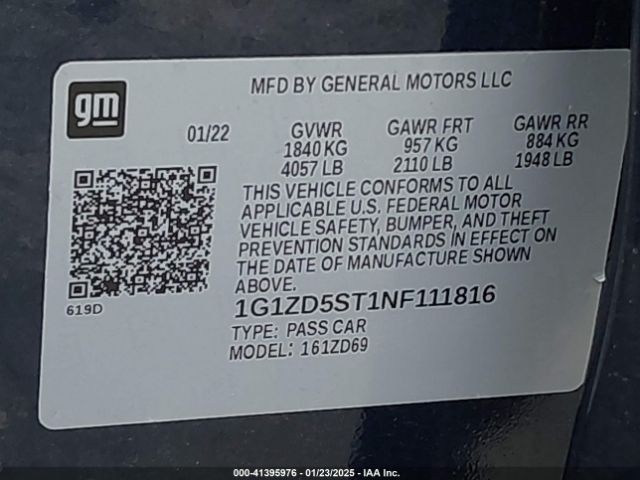 1G1ZD5ST1NF111816 Chevrolet Malibu Fwd Lt