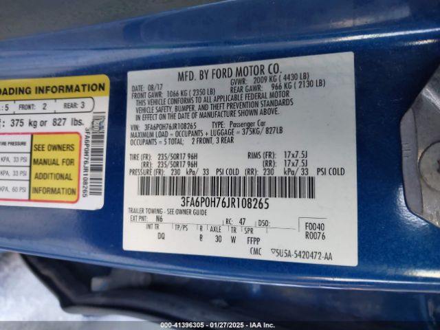 3FA6P0H76JR108265 Ford FUSION SE
