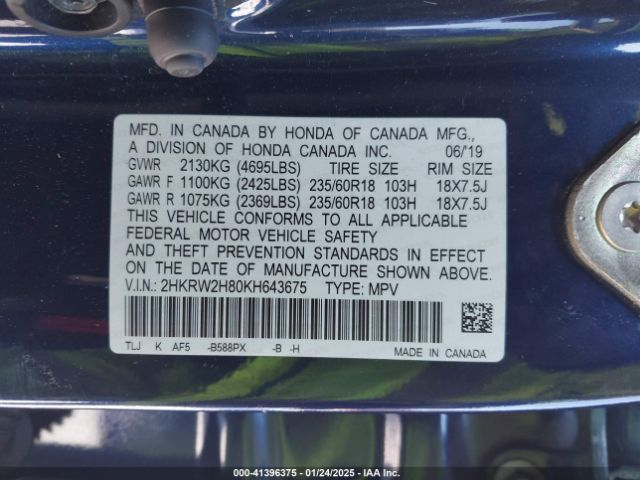2HKRW2H80KH643675 Honda Cr-v Ex-l