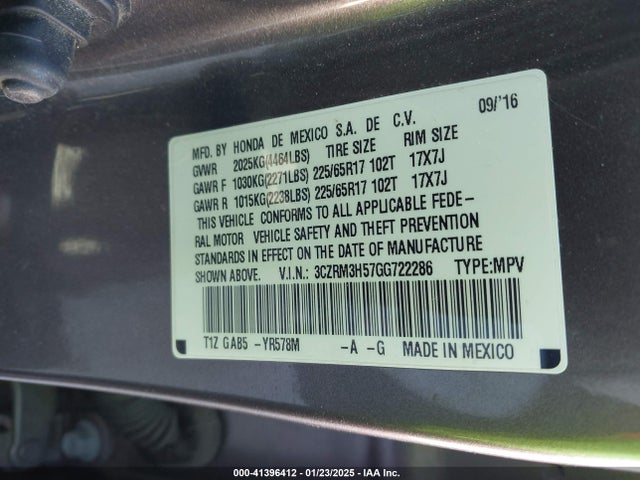 Honda CR-V EX 2016 3CZRM3H57GG722286 Image 9