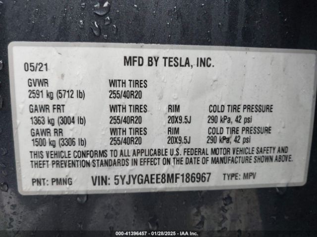 5YJYGAEE8MF186967 Tesla Model Y Long Range Dual Motor All-wheel Drive