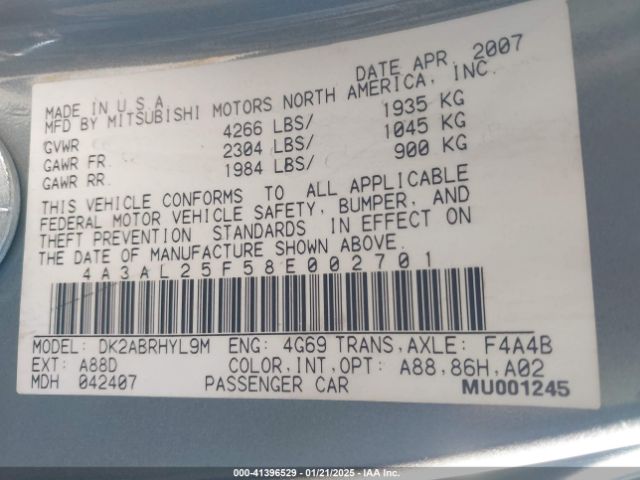 2008 MITSUBISHI ECLIPSE SPYDER 4A3AL25F58E002701 Photo 8