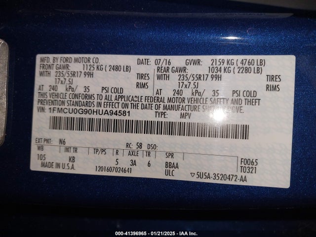 1FMCU0G90HUA94581 Ford ESCAPE SE
