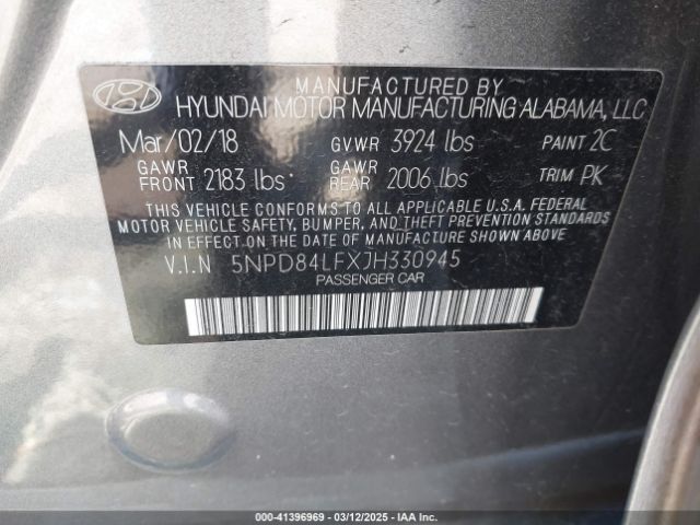 5NPD84LFXJH330945 Hyundai ELANTRA SEL