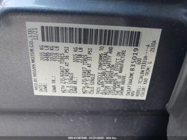 5N1AT3AA2MC835019 Nissan Rogue S Fwd