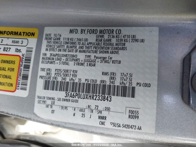 3FA6P0LUXHR233843 Ford Fusion Hybrid Se