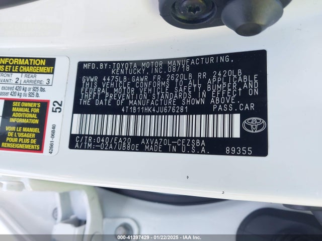 Toyota CAMRY SE 2018 4T1B11HK4JU676281 Image 9
