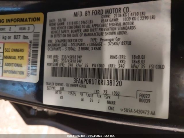 3FA6P0RU1KR138120 Ford Fusion Hybrid Titanium