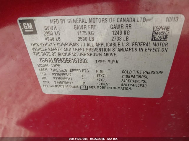 Chevrolet EQUINOX 1LT 2014 2GNALBEK5E6167302 Image 9