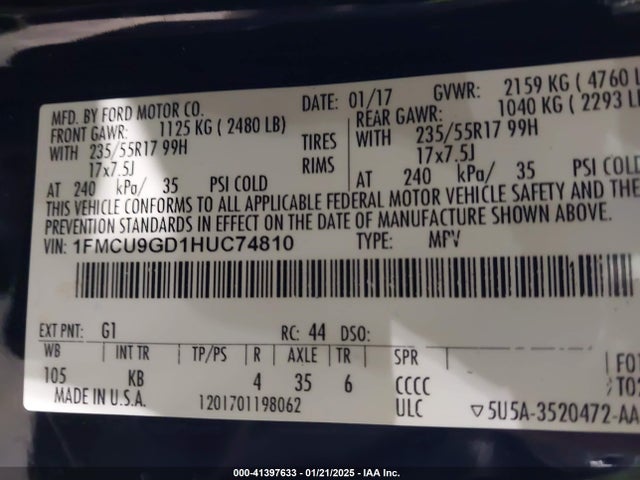 41397633 :رقم المزاد ، 1FMCU9GD1HUC74810 vin ، 2017 Ford Escape Se مزاد بيع