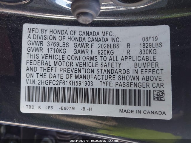 Honda Civic Lx 2019 2HGFC2F61KH591903 Image 9
