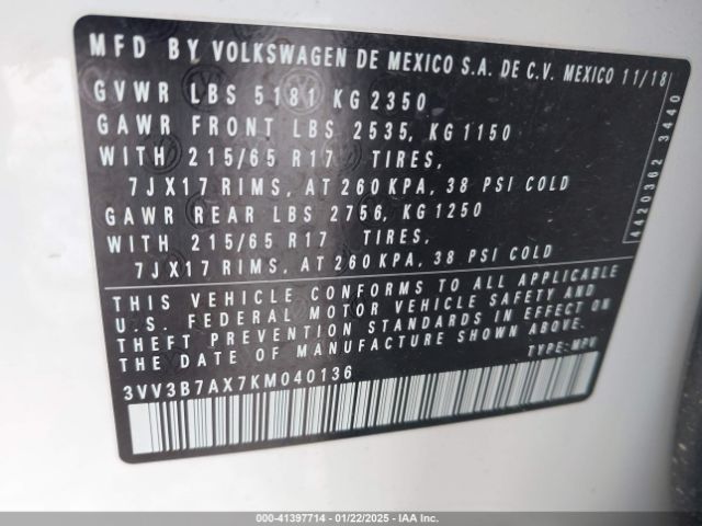 3VV3B7AX7KM040136 Volkswagen Tiguan 2.0t Se/2.0t Sel/2.0t Sel R-line/2.0t Sel R-line Black