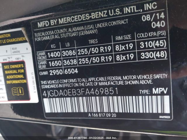 4JGDA0EB3FA469851 Mercedes-Benz Ml 250 Bluetec 4matic