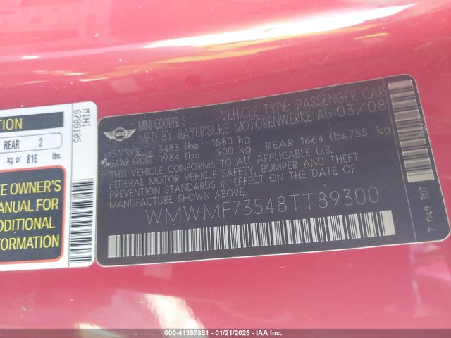 2008 MINI COOPER S WMWMF73548TT89300 Photo 8
