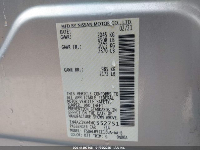 1N4AZ1BV4MC552751 Nissan Leaf S 40 Kwh