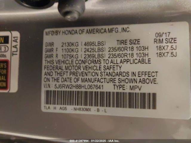 5J6RW2H88HL067641 Honda Cr-v Ex-l/ex-l Navi