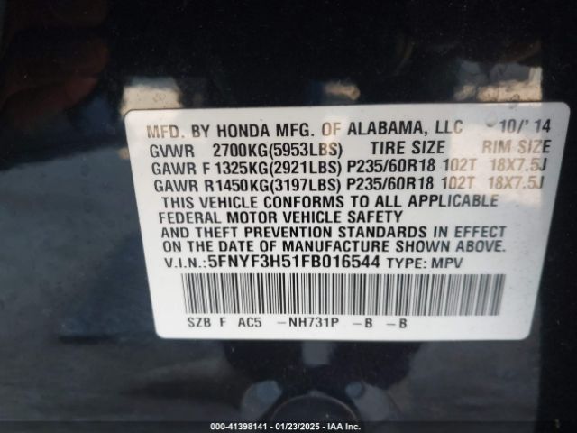 5FNYF3H51FB016544 Honda Pilot Ex-l