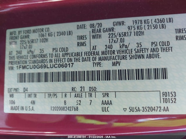 Ford ESCAPE SE 2020 1FMCU0G69LUC06017 Image 9
