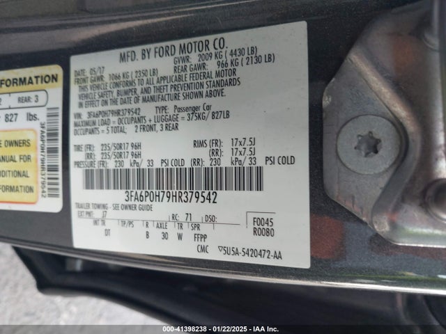 Ford FUSION SE 2017 3FA6P0H79HR379542 Image 9