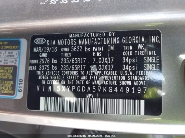 5XYPGDA57KG449197 KIA Sorento 3.3l Lx