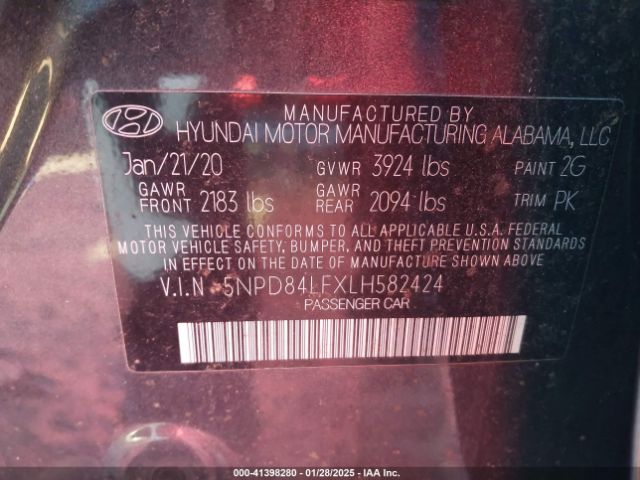 5NPD84LFXLH582424 Hyundai ELANTRA SEL