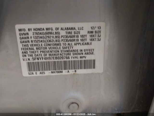5FNYF4H97EB020766 Honda Pilot Touring