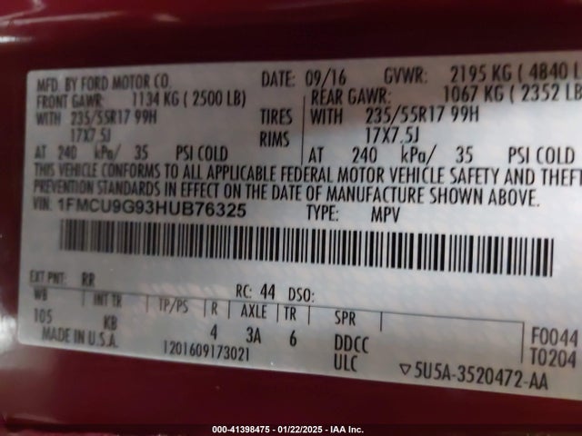 1FMCU9G93HUB76325 Ford ESCAPE SE