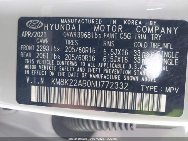 KM8K22AB0NU772332 Hyundai Kona Se