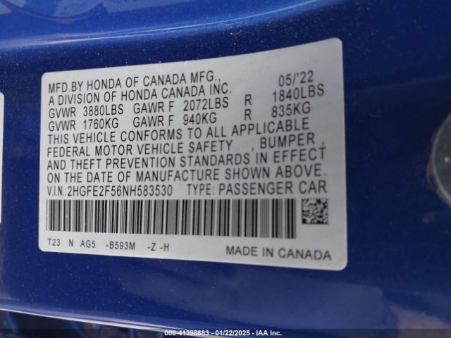 2HGFE2F56NH583530 Honda Civic Sport