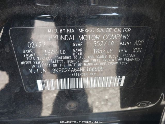 3KPC24A64NE166909 Hyundai ACCENT SE