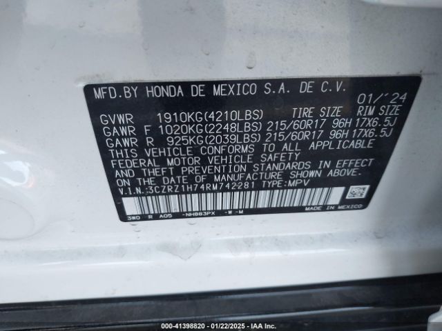 3CZRZ1H74RM742281 Honda Hr-v 2wd Ex-l/2wd Ex-l W/o Bsi