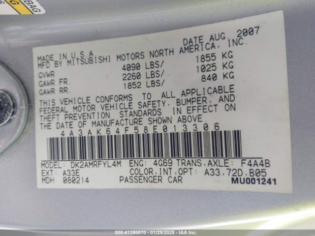 2008 MITSUBISHI ECLIPSE 4A3AK64F58E013306 Photo 8