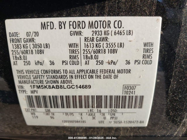 1FM5K8AB8LGC14689 Ford Police Interceptor