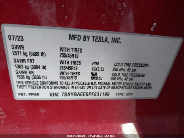 7SAYGAEE6PF831199 Tesla Model Y Awd/long Range Dual Motor All-wheel Drive