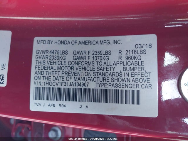 Honda Accord Sport 2018 1HGCV1F31JA134907 Image 9