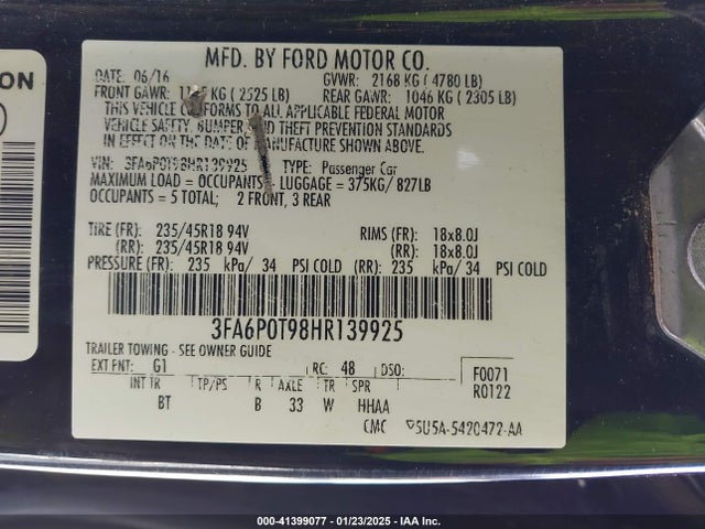 Ford FUSION SE 2017 3FA6P0T98HR139925 Image 9