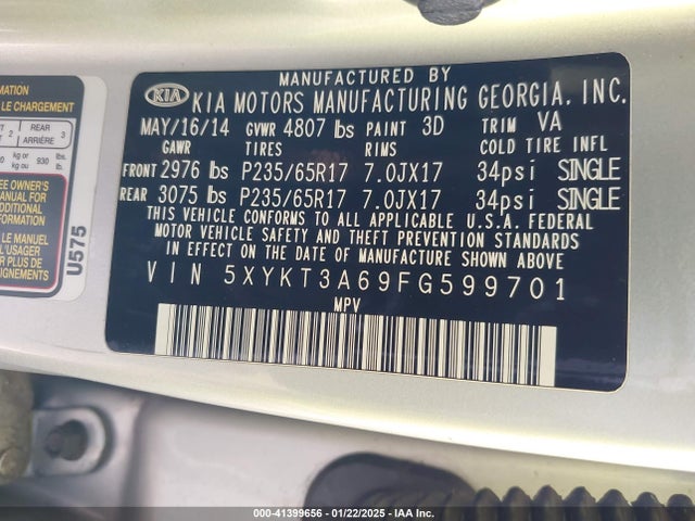 5XYKT3A69FG599701 KIA SORENTO LX