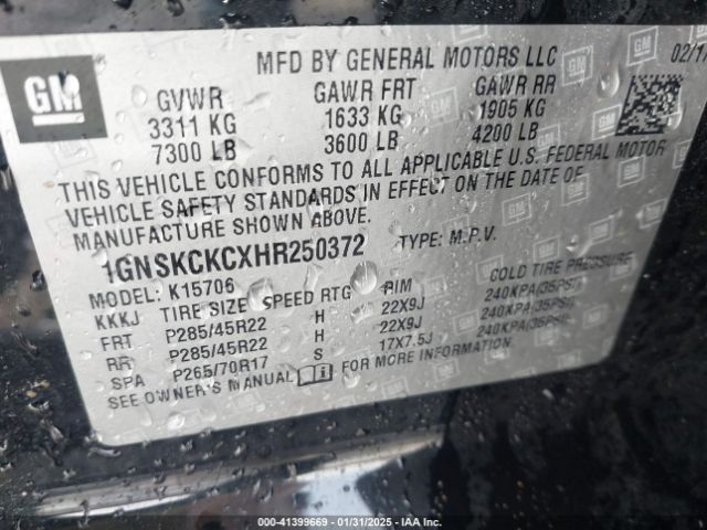 1GNSKCKCXHR250372 Chevrolet Tahoe Premier