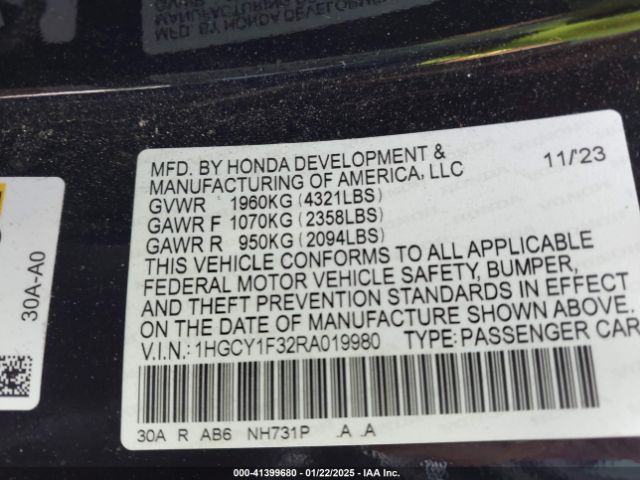 1HGCY1F32RA019980 Honda ACCORD EX