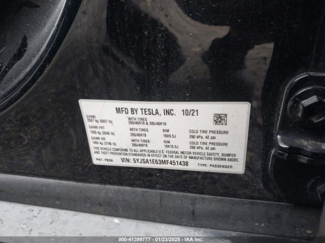 5YJSA1E63MF451438 Tesla Model S Plaid Tri Motor All-wheel Drive