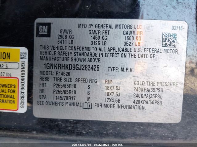 1GNKRHKD9GJ283426 Chevrolet Traverse 2lt