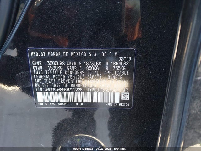 3HGGK5H89KM722228 Honda FIT EX