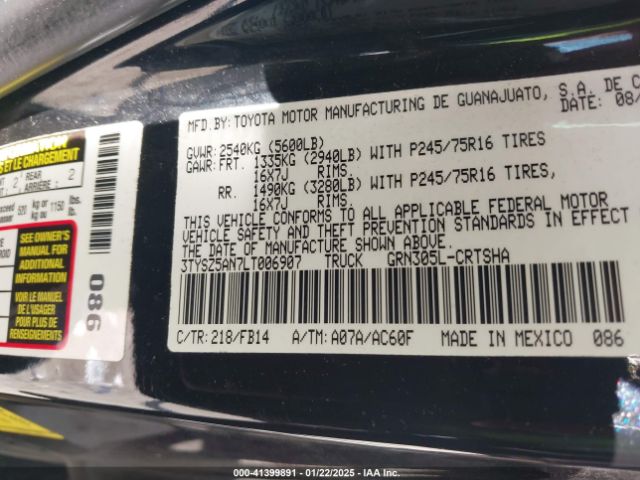 3TYSZ5AN7LT006907 Toyota Tacoma Sr V6