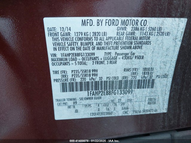 1FAHP2E88FG133099 Ford TAURUS SEL