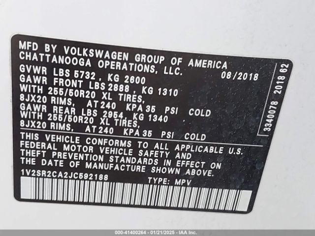 1V2SR2CA2JC592188 Volkswagen Atlas 3.6l V6 Sel
