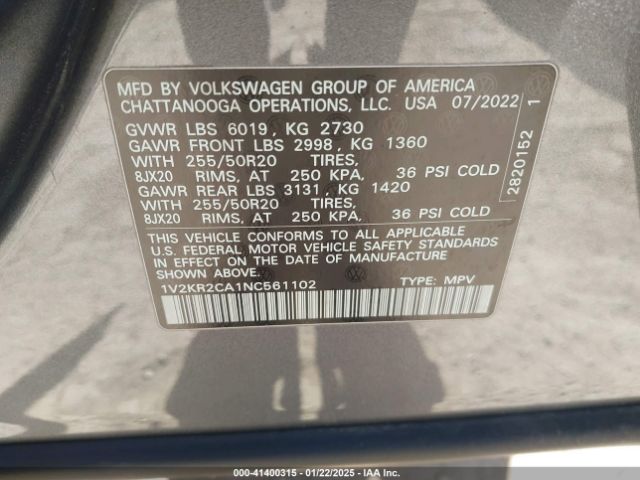 1V2KR2CA1NC561102 Volkswagen Atlas 3.6l V6 Se W/technology