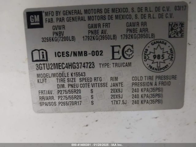 3GTU2MEC4HG374723 GMC Sierra 1500 Sle