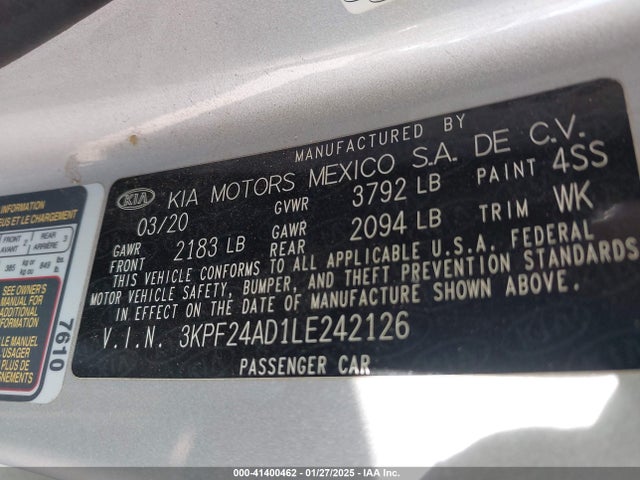 3KPF24AD1LE242126 KIA Forte Lxs