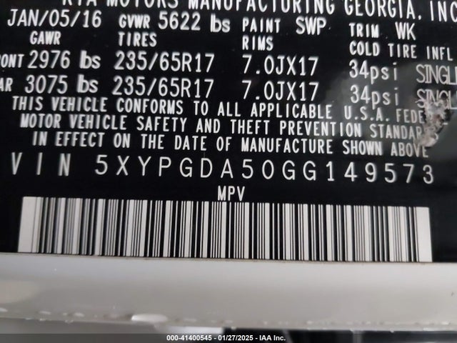 KIA Sorento 3.3l Lx 2016 5XYPGDA50GG149573 Image 9