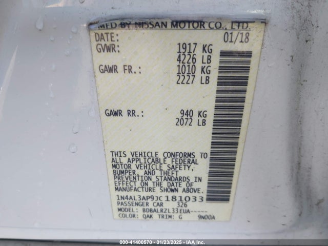 1N4AL3AP9JC181033 Nissan Altima 2.5 Sl